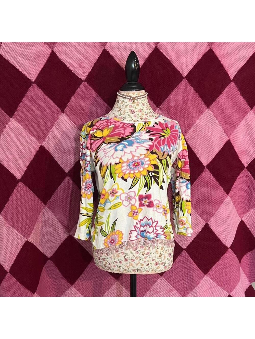y2k pink floral beaded longsleeve blouse